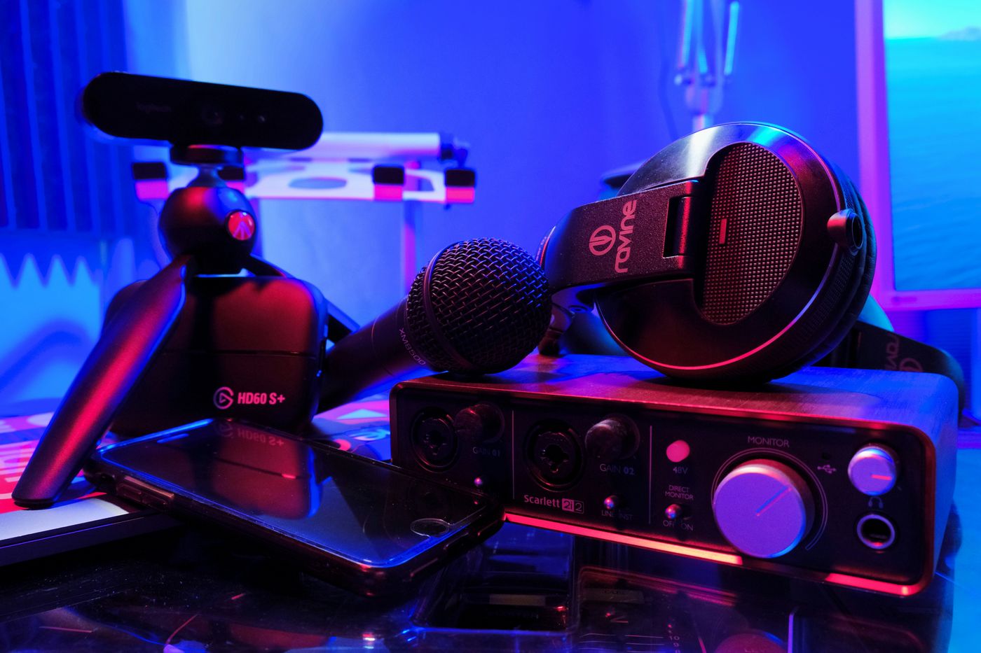 Streaming setup with camera, microphone and headphones